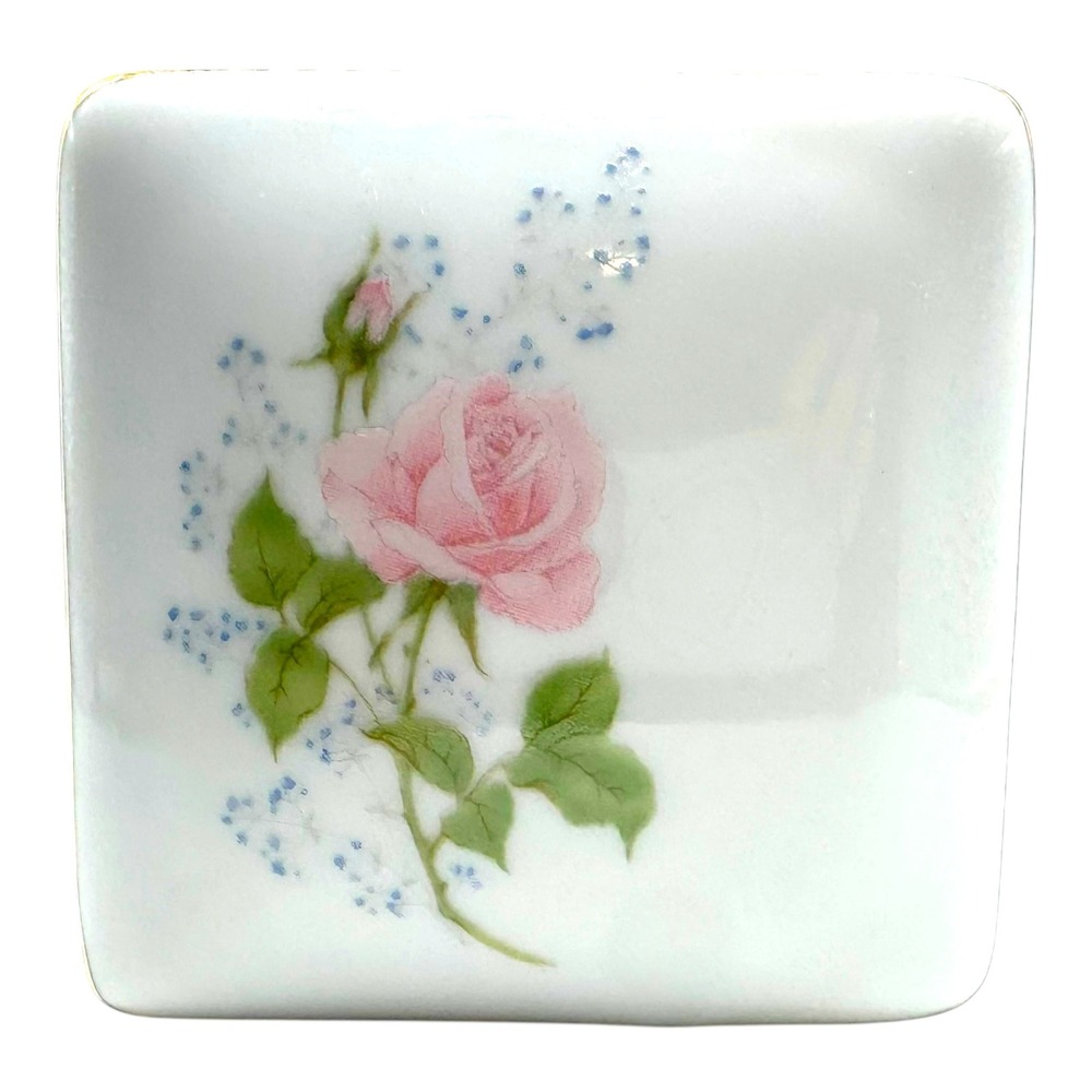 Vintage Floral Fantasy Porcelain Square Trinket Box Pink Rose 1988‎ Japan G72Q - Picture 7 of 11